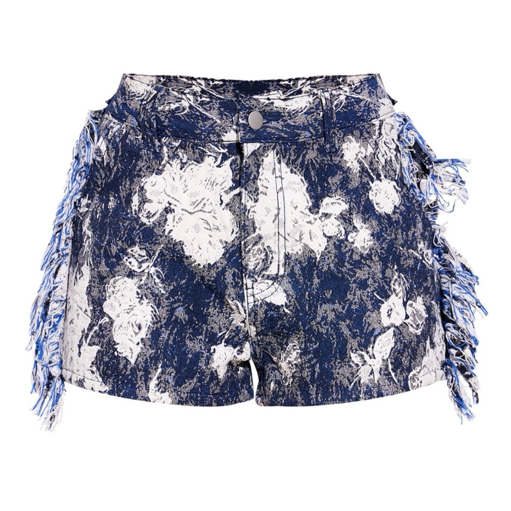 PLT Blue Printed Jacquard Twill Tassel Side Shorts - Picture 2 of 12